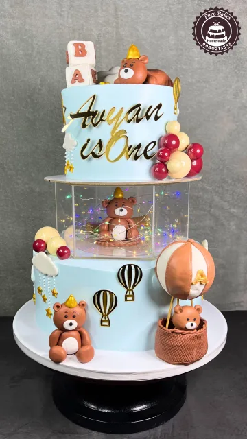 Adorable Teddy Bear Hot Air Balloon First Birthday Cake Design