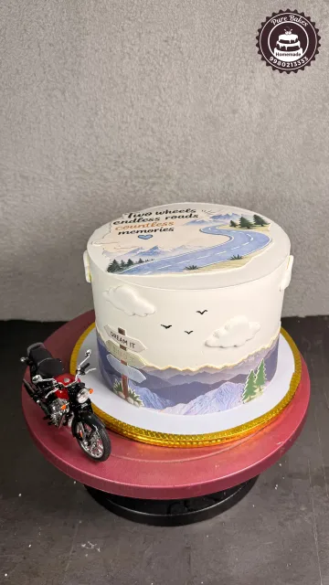 Adventure Travel Theme Birthday Cake with Motorcycle and Mountain Design