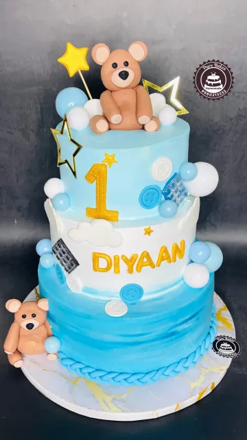 Baby Boy Teddy Theme Cake with Number One Topper