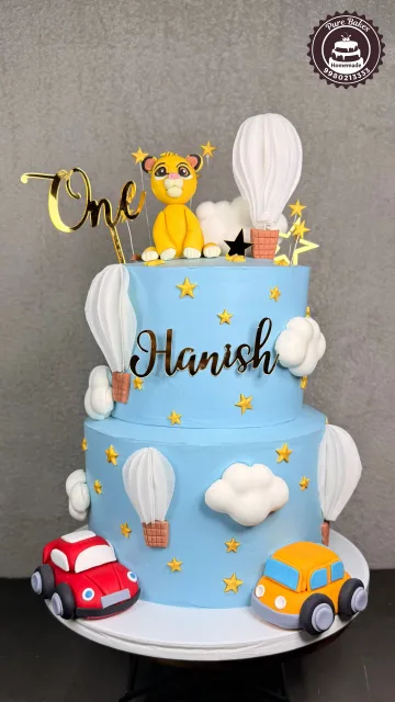Blue Sky Theme First Birthday Cake With Hot Air Balloons