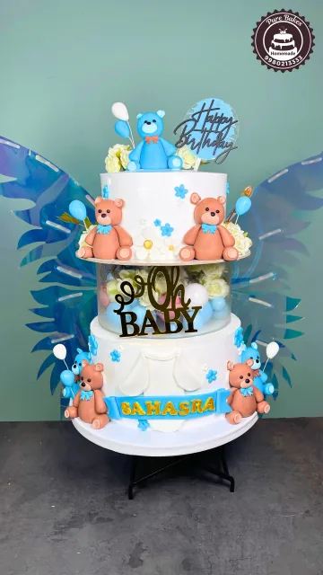 Blue Teddy Bear With Buttefly Wings First Birthday Cake with Balloon Decor