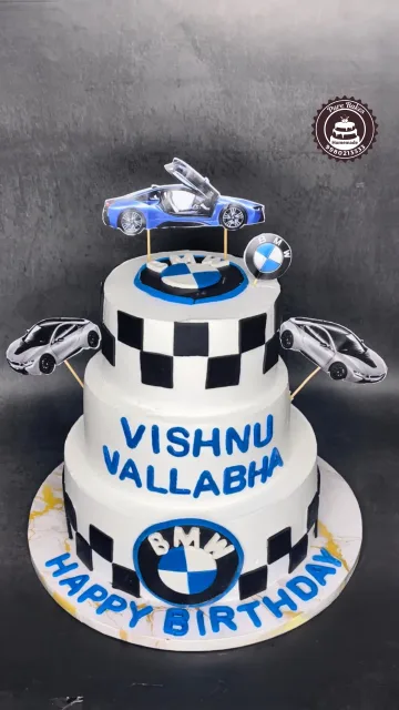 BMW Theme Birthday Cake with Sports Car Cake Toppers