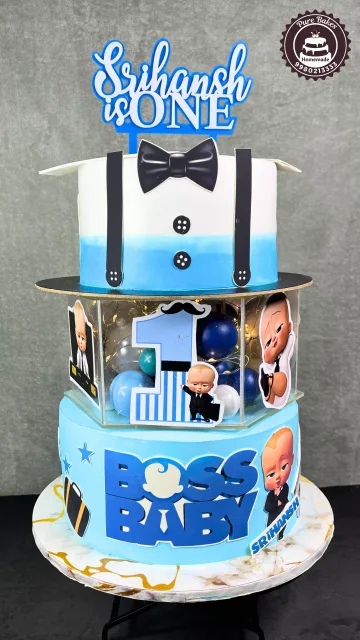 Boss Baby Themed First Birthday Cake with Name Topper