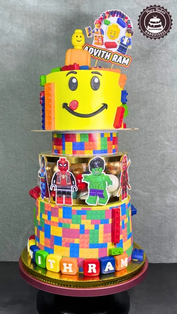 Colorful Building Blocks Birthday Cake With Superhero Characters