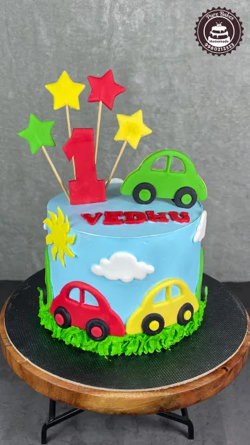 Colorful Cars Theme First Birthday Cake for Baby Boy