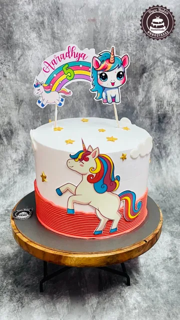 Colorful Unicorn Birthday Cake with Rainbow Theme Decorations