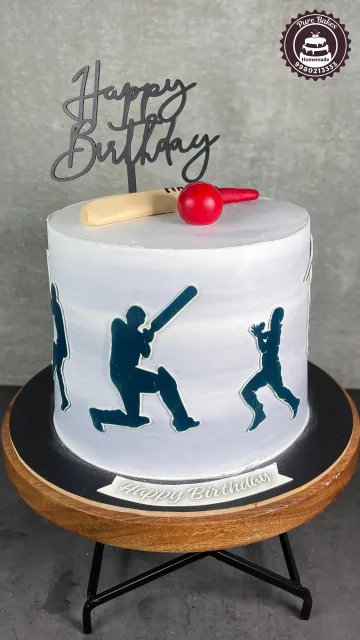 Cricket Theme Birthday Cake with Bat and Ball Topper