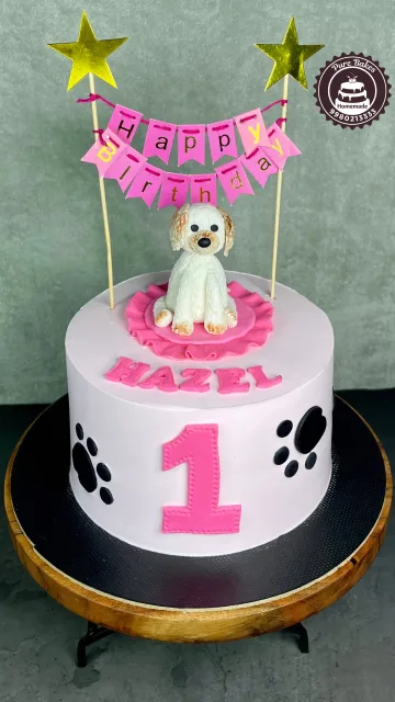 Cute Puppy First Birthday Cake with Pink Banner