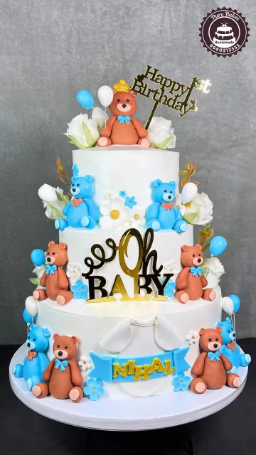 Cute Teddy Bear Three Tier First Birthday Celebration Cake