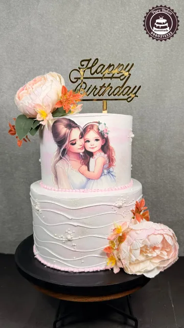 Elegant Mother Daughter Photo Cake with Floral Birthday Design