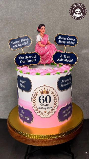 Elegant pink and white sixtieth birthday cake celebrating a beloved woman and family matriarch