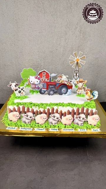 Farm Animal Birthday Cake with Barn and Tractor Design