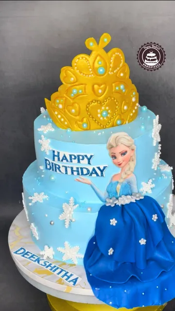 Frozen Princess Birthday Cake with Crown and Snowflakes Theme