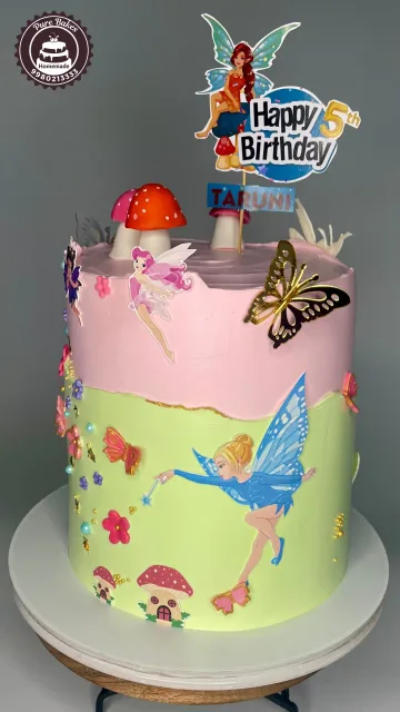 Girls Birthday Cake with Fairy Characters and Butterfly Accents