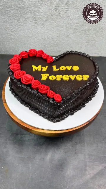 Heart Shape Chocolate Cake with Red Rose Design