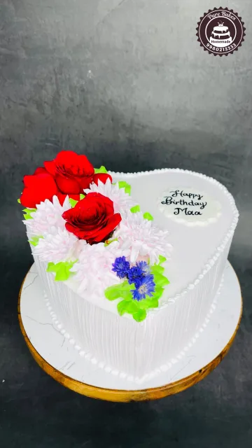Heart Shaped Birthday Cake with Red Rose Decorations