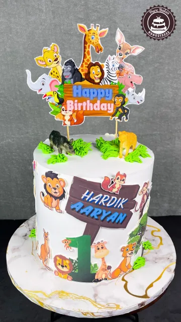 Jungle Animal Theme First Birthday Cake for Kids