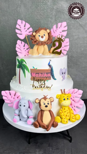 Jungle Safari Theme First Birthday Cake with Cute Animal Toppers