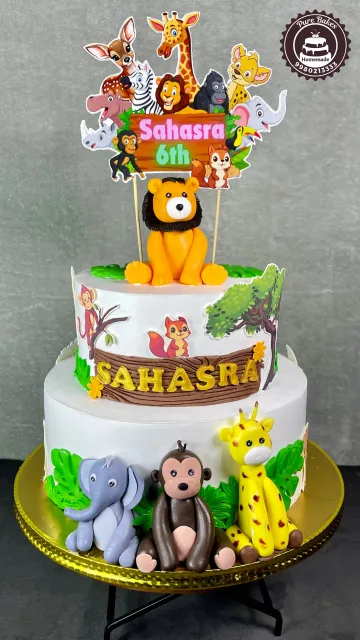 Jungle Theme Birthday Cake with Cute Animal Toppers