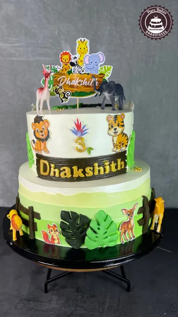 Jungle Theme Two Tier Kids Birthday Cake with Animals