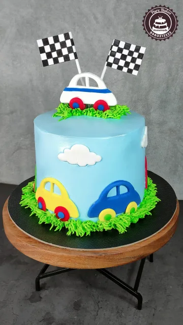 Kids Car Theme Birthday Cake with Racing Flag Design