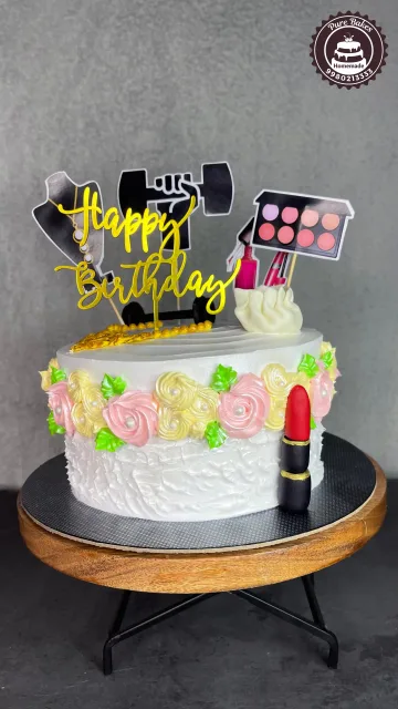 Makeup Theme Birthday Cake with Lipstick and Cosmetics Toppers