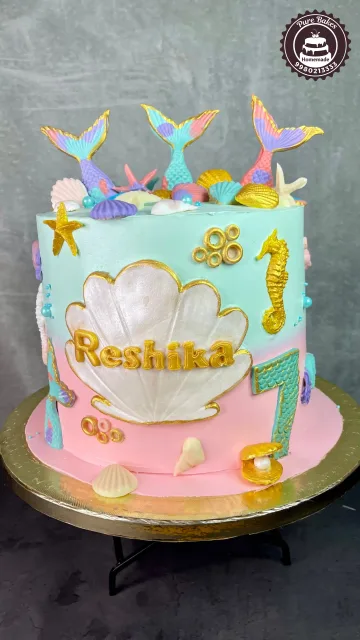 Mermaid Theme First Birthday Cake with Seashells and Tails