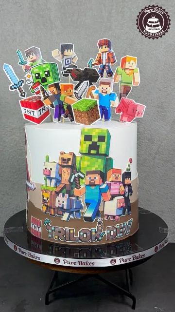 Minecraft Theme Birthday Cake with Character Topper Decorations