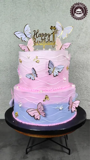 Pastel Butterfly Birthday Cake with Gold Accents and Pearls