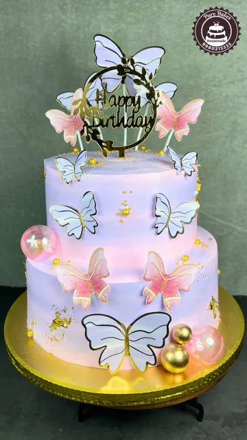 Pastel Butterfly Birthday Cake with Gold Accents and Topper