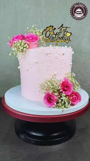Pastel Pink Pearl First Birthday Cake With Fresh Roses Design