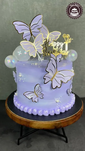 Pastel Purple Butterfly First Birthday Cake with Gold Topper