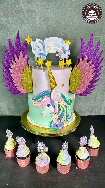 Pastel Unicorn First Birthday Cake with Glitter Wings Design