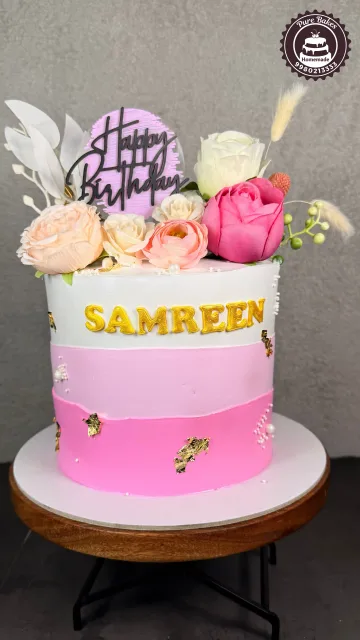 Pink Birthday Cake With Fresh Roses And Gold Details