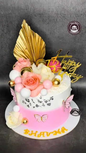 Pink Butterfly Birthday Cake with Gold Leaf Decoration