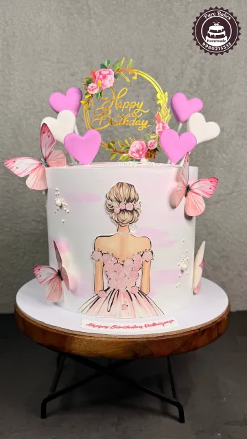 Pink Butterfly Birthday Cake with Heart Toppers Design