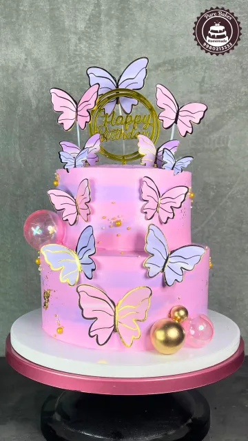 Pink Butterfly Theme First Birthday Cake with Gold Accents