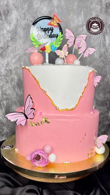 Pink Butterfly Theme Two Tier First Birthday Cake Celebration Cake