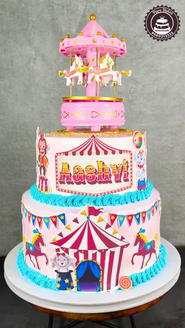 Pink Carousel Circus Theme First Birthday Cake for Baby Girl
