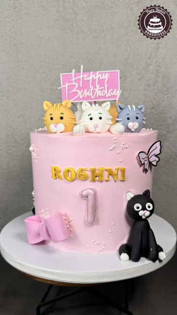 Pink Cat Theme First Birthday Cake with Fondant Kitty Decorations