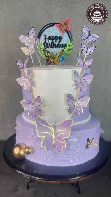 Purple Butterfly Theme Two Tier Birthday Cake with Gold Accents