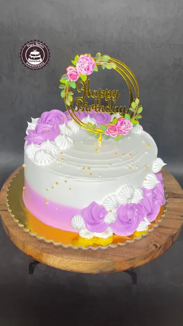 Purple Rosette Birthday Cake with Gold Happy Birthday Topper