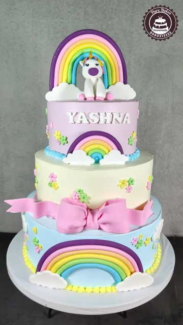 Rainbow Unicorn Three Tier First Birthday Cake For Girls