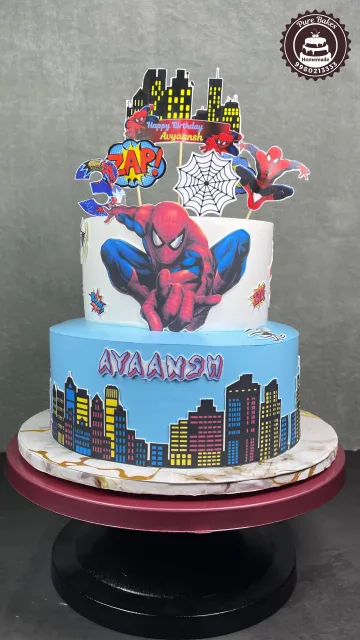 Spider-Man Cityscape Birthday Cake With Comic Style Cake Toppers