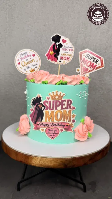 Super Mom Birthday Cake with Custom Topper and Buttercream Roses