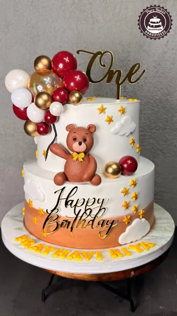 Teddy Bear Balloon Theme First Birthday Cake Design