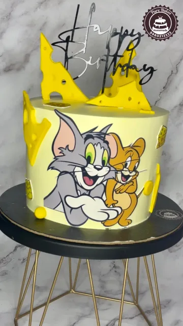 Tom and Jerry Cartoon Cheese Theme Birthday Cake with Tom and Jerry
