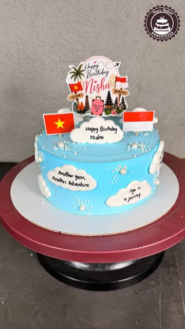 Vietnam Indonesia Travel Theme Birthday Cake with Sky Blue Design