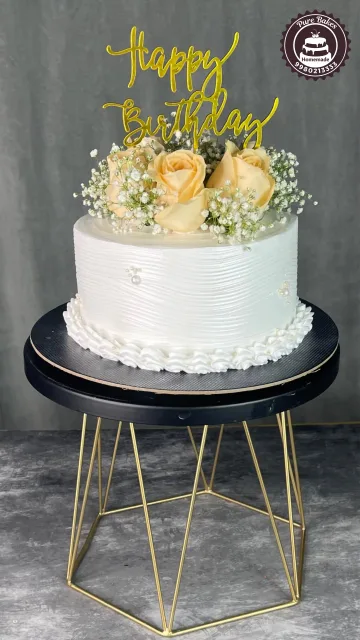 White Birthday Cake with Roses and Custom Cake Topper