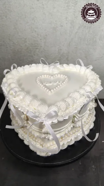 White Heart Shape Birthday Cake with Pearl Design Details